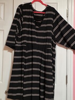 Black & Light Pink Striped V-Neck Midi Dress